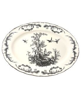 Aux Au Provence Rooster Black White Toile Oval Serving Platter
